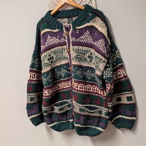 VINTAGE HAND KNIT WOOL CARDIGAN CHUNKY SWEATER RELAXED FIT Green